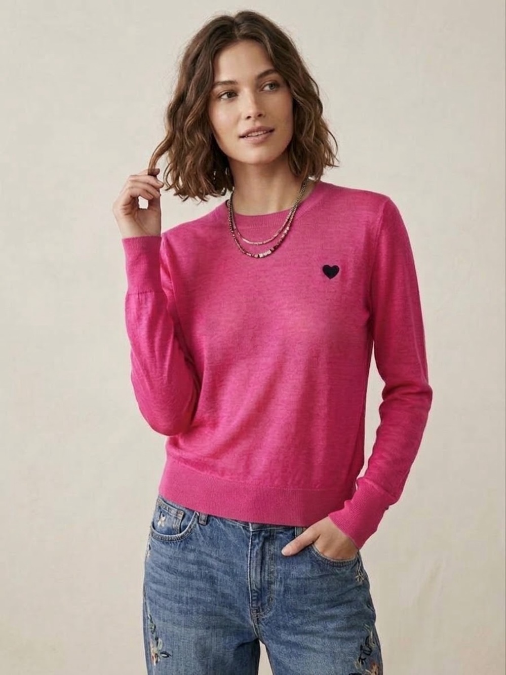 💖 Kerri Rosenthal Hot Pink 100% Cotton Embroidered Heart Sweater Size L